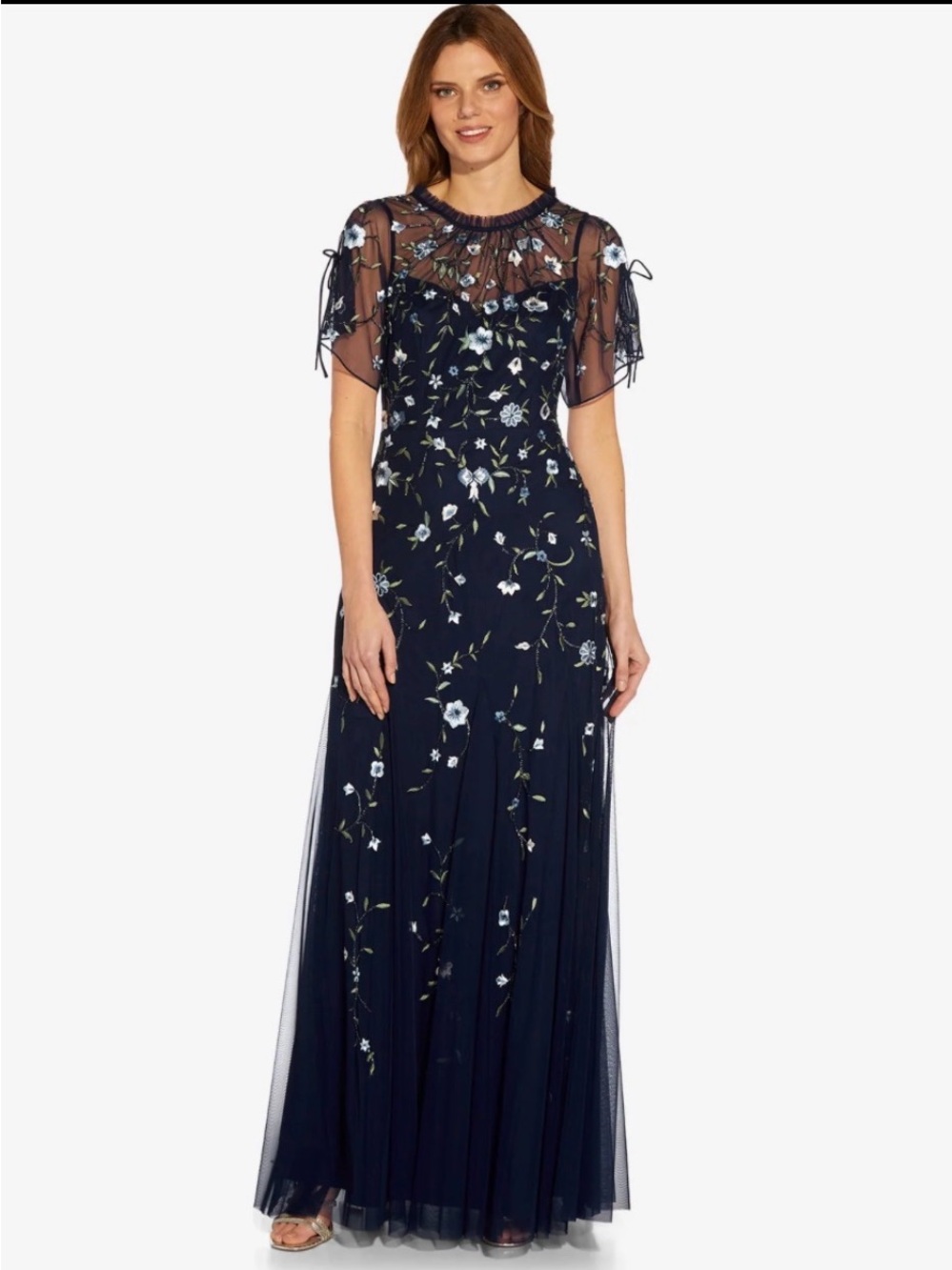 Adrianna Papell-floral embroidered & beaded long gown
